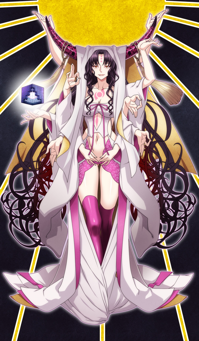 absurdres black_hair breasts commentary_request date_naoto extra_arms facial_mark fate/extra fate/extra_ccc fate/grand_order fate_(series) female forehead_mark full_body highres horn_ornament horn_ring horns large_breasts long_hair mudra navel purple_thighhighs robe sessyoin_kiara smile solo thighhighs very_long_hair yellow_eyes