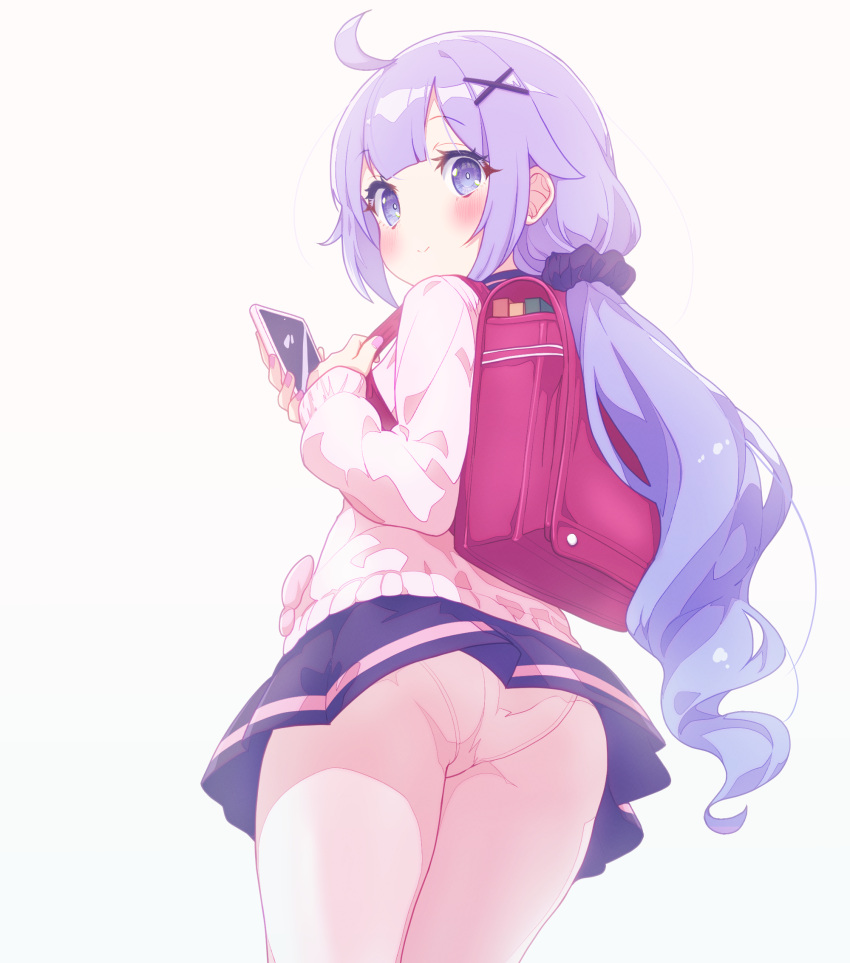 ahoge arbiter1 azur_lane backpack bag blue_skirt blush female hair_ornament highres holding holding_phone long_hair looking_at_viewer looking_back official_alternate_costume panties panties_under_pantyhose pantyhose phone purple_hair randoseru school_uniform simple_background skirt stuffed_animal stuffed_toy sweater thighs twintails underwear unicorn unicorn_(azur_lane) unicorn_(long-awaited_date)_(azur_lane) white_background white_panties white_pantyhose white_sweater x_hair_ornament