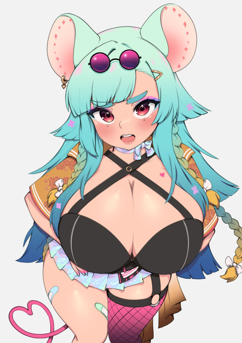 animal_ears bandaid bandaid_on_leg black_bra blush bra braid breasts choker cleavage commentary commission criss-cross_halter emi_(rabiespride) english_commentary eyeshadow eyewear_on_head female green_hair grey_background gyaru halterneck heart heart_tail highres huge_breasts large_ears long_hair looking_at_viewer makeup miniskirt mole mole_under_eye mouse_ears mouse_girl mouse_tail multicolored_eyeshadow multiple_moles o-ring_legwear_garter original pink_thighhighs purple-tinted_eyewear red_eyes ribbon_choker side_braids single_thighhigh skirt solo sunglasses tail teeth thick_eyebrows thighhighs tinted_eyewear underwear upper_teeth_only whomperfruit