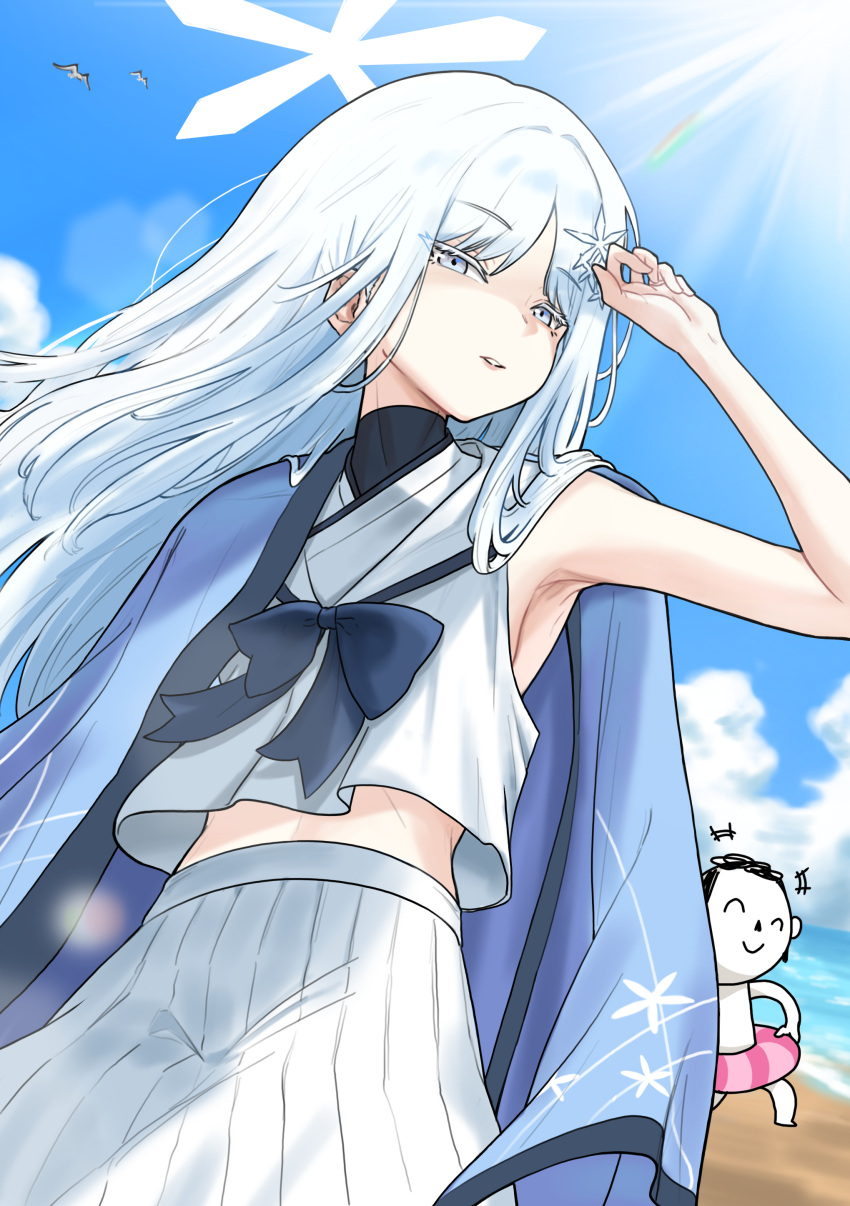 1boy ^_^ absurdres armpits beach blue_archive closed_eyes colored_eyelashes detached_sleeves doodle_sensei_(blue_archive) female grey_eyes hair_ornament halo hand_up haori highres ice_bear innertube japanese_clothes long_hair nagusa_(blue_archive) sensei_(blue_archive) shading_eyes shirt skirt sleeveless sleeveless_shirt snowflake_hair_ornament swim_ring white_background white_halo white_shirt white_skirt