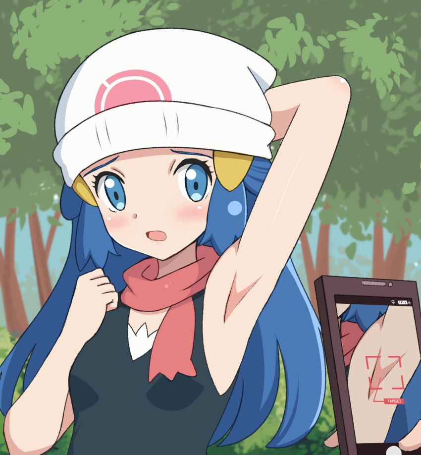 1boy arm_behind_head armpits beanie black_shirt blue_eyes blush bush clenched_hand commentary_request dawn_(pokemon) day eyelashes female hair_ornament hairclip hand_up hat highres holding holding_phone long_hair open_mouth outdoors phone pokemon pokemon_(anime) pokemon_dppt_(anime) presenting_armpit scarf shirt sidelocks sleeveless sleeveless_shirt taking_picture tree try200277 white_hat