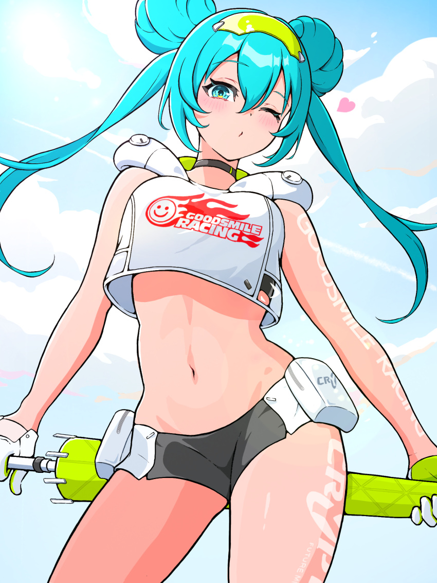 aqua_hair arm_tattoo bare_shoulders black_choker black_shorts blowing_kiss blue_sky choker cloud cloudy_sky commentary contrail cropped_hoodie day double_bun eyewear_on_head female floating_hair from_below glasses gloves goodsmile_racing green_gloves green_umbrella hair_between_eyes hair_bun hatsune_miku head_tilt heart highres holding holding_umbrella hood hood_down hoodie leg_tattoo light_blush long_hair micro_shorts midriff navel official_alternate_costume official_alternate_hairstyle one_eye_closed outdoors pouch print_hoodie racing_miku racing_miku_(2022) racing_miku_(2022_tropical_ver.) shorts sidelocks sky sleeveless sleeveless_hoodie tan tattoo twintails two-tone_gloves umbrella uzuki_sena vocaloid white_gloves white_hoodie