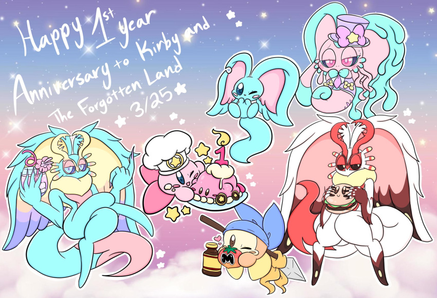 anniversary anthro antlers bandana bandana_waddle_dee blue_body bottle burger cake chaos_elfilis chef_hat chinchilla chinchillid clothing container dessert elfilin english_text fecto_elfilis fecto_forgo food group hat headgear headwear hi_res horn kerchief kirby kirby_(series) kirby_and_the_forgotten_land lewdchuu_(artist) male mammal maxim_tomato melee_weapon mouthless nintendo orange_body pink_body polearm rodent spear starling_(species) text waddling_head weapon white_body