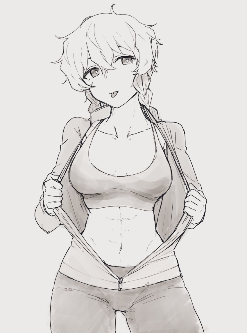 abs amane_suzuha bike_shorts braid breasts cheshigom collarbone commentary_request cowboy_shot female grey_hair hair_between_eyes highres looking_at_viewer medium_breasts medium_hair monochrome navel partially_open_jacket simple_background solo sports_bra steins;gate straight_on tongue twin_braids