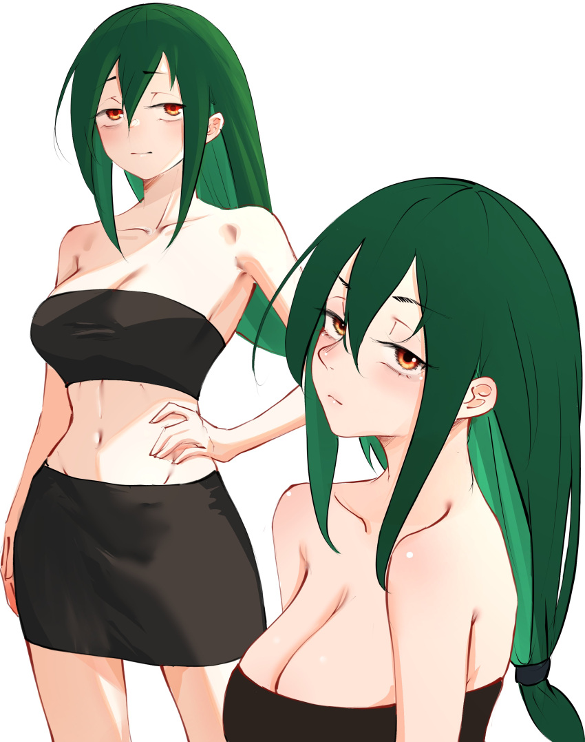 absurdres babywipes bare_shoulders black_tube_top blush breasts brown_eyes cleavage crusch_karsten female green_hair hair_between_eyes hand_on_own_hip highres large_breasts long_hair looking_at_viewer low_ponytail midriff multiple_views navel re:zero_kara_hajimeru_isekai_seikatsu skirt solo stomach strapless tube_top white_background