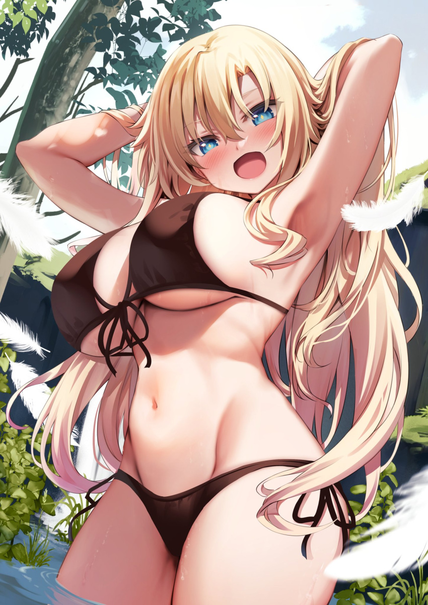 armpits arms_up bikini black_bikini blonde_hair blue_eyes blush breasts cloud commentary_request female from_below hair_between_eyes highres iris_december_uncry large_breasts long_hair looking_at_viewer nature navel nora_to_oujo_to_noraneko_heart oozora_itsuki open_mouth outdoors second-party_source solo swimsuit thighs tongue tree wading water