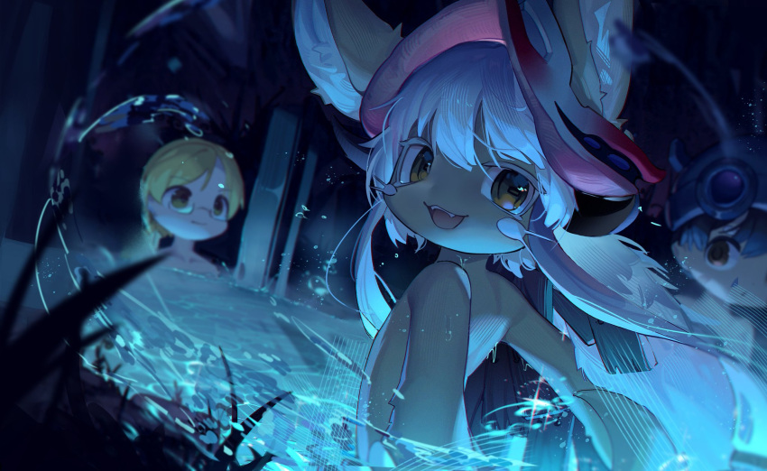 1boy 1other :d animal_ears black_hair blonde_hair blurry blurry_background brown_eyes caustics chinese_commentary colored_eyelashes ears_through_headwear female furry glasses grass hat helmet highres looking_at_viewer made_in_abyss nanachi_(made_in_abyss) partially_submerged rabbit_ears regu_(made_in_abyss) riko_(made_in_abyss) smile tail turning_head water wet whiskers white_hair zhutangyuan