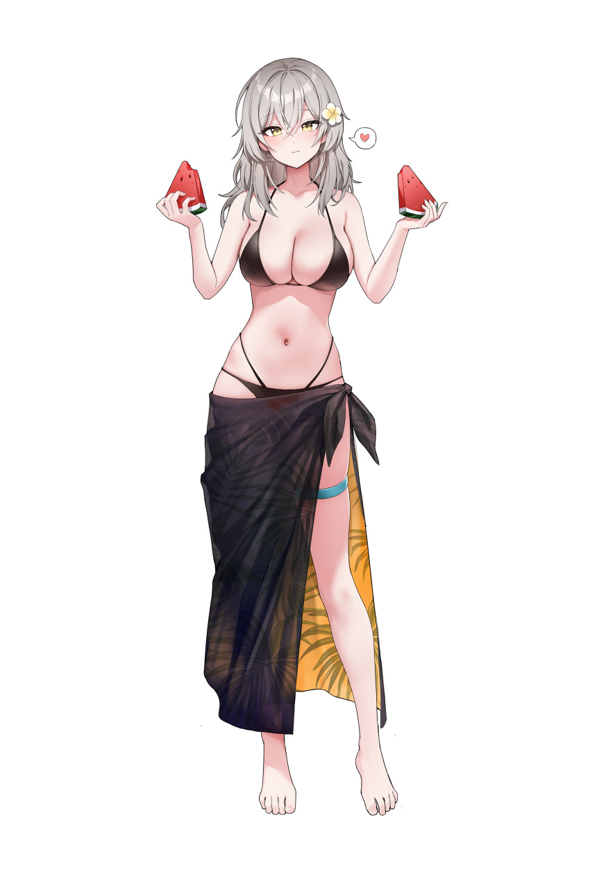 absurdres alternate_costume bare_legs bare_shoulders barefoot bikini black_bikini black_sarong breasts cleavage collarbone commentary_request dual_wielding eating female flower food fruit full_body grey_hair hair_between_eyes hair_flower hair_ornament heart highres holding holding_food holding_fruit holding_watermelon honkai:_star_rail honkai_(series) korean_commentary large_breasts long_hair looking_at_viewer navel picter sarong see-through see-through_sarong simple_background solo spoken_heart stelle_(honkai:_star_rail) stomach swimsuit thigh_strap trailblazer_(honkai:_star_rail) white_background yellow_eyes