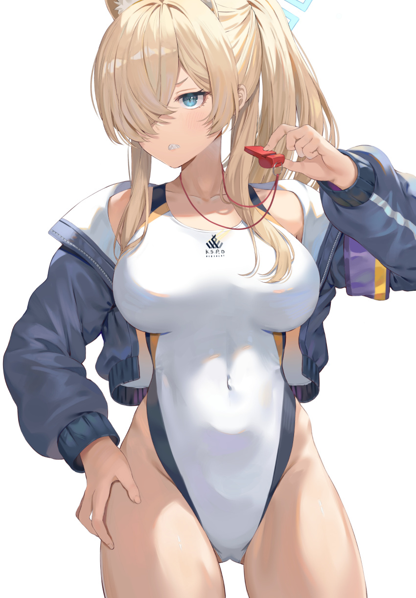 animal_ears ass_visible_through_thighs blonde_hair blue_archive blue_eyes blue_halo blue_jacket breasts clenched_teeth commentary competition_swimsuit covered_navel cowboy_shot dog_ears female hair_over_one_eye halo highres jacket kanna_(blue_archive) kanna_(swimsuit)_(blue_archive) large_breasts long_hair long_sleeves official_alternate_costume one-piece_swimsuit open_clothes open_jacket rangen sharp_teeth simple_background solo swimsuit symbol-only_commentary teeth valkyrie_police_academy_swimsuit whistle whistle_around_neck white_background white_one-piece_swimsuit