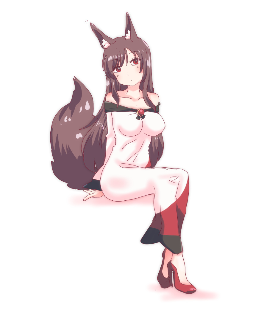 animal_ear_fluff animal_ears bare_shoulders breasts brooch brown_hair dress female high_heels highres imaizumi_kagerou jewelry long_hair looking_at_viewer non_(z-art) red_eyes red_footwear simple_background sitting solo tail touhou white_background wolf_ears wolf_girl wolf_tail