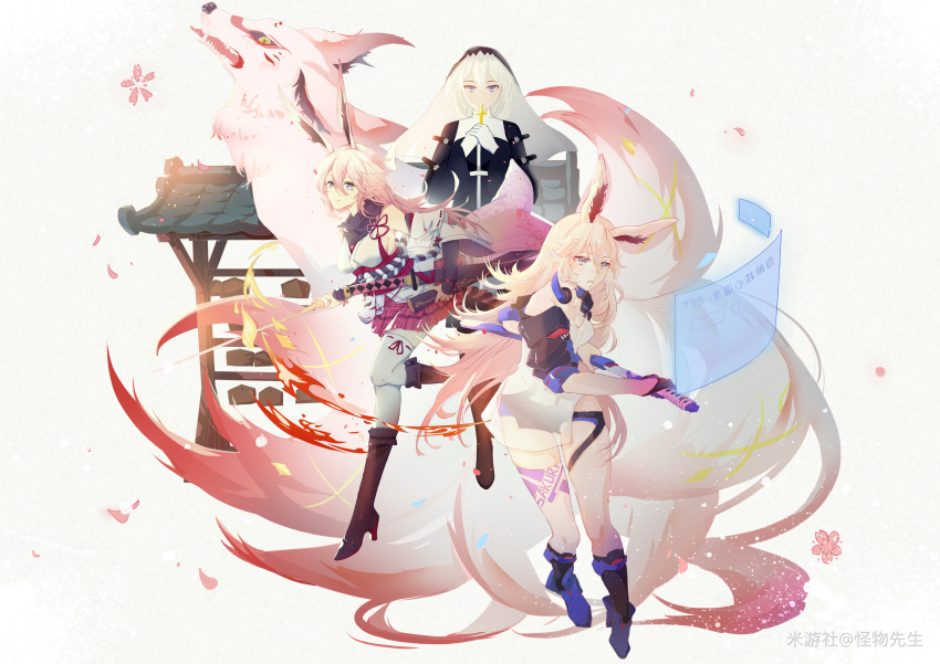 2girls absurdres animal_ears bare_shoulders black_dress black_footwear black_gloves black_jacket black_shorts blue_eyes boots breasts closed_mouth collaboration detached_sleeves dress dual_persona fox fox_ears fox_mask full_body gloves headphones headphones_around_neck highres higokumaru holding holding_sheath holding_sword holding_weapon holographic_interface honkai_(series) honkai_impact_3rd jacket japanese_clothes jinyunrex kallen_kaslana katana kimono long_hair looking_at_viewer mask medium_breasts multiple_girls nontraditional_miko nun open_mouth pelvic_curtain petals pink_hair pink_skirt purple_eyes purple_footwear ribbon-trimmed_sleeves ribbon-trimmed_thighhighs ribbon_trim rosary sheath sheathed shirt short_kimono shorts simple_background single_thighhigh skirt sword thigh_boots thighhighs unsheathing veil wand8243 weapon white_background white_gloves white_hair white_kimono white_shirt white_sleeves white_thighhighs yae_sakura yae_sakura_(goushinnso_memento) yae_sakura_(gyakushinn_miko) yoruichihisa_yeiu