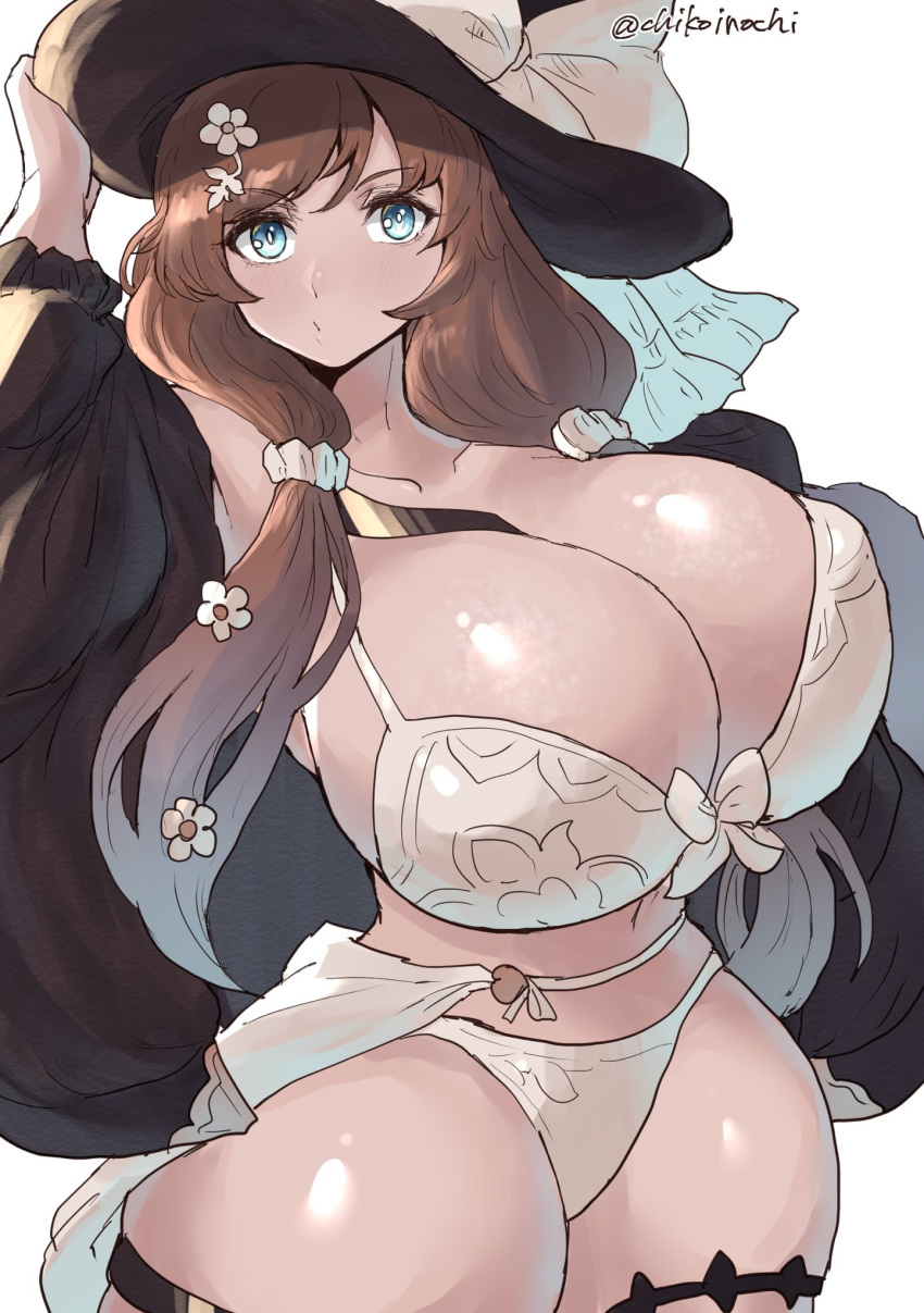 aqua_eyes bikini breasts brown_hair chikoinochi commentary_request female flower flower_hairpin hair_flower hair_ornament hand_on_headwear highres huge_breasts raziel_(granblue_fantasy) raziel_(summer)_(granblue_fantasy) signature solo swimsuit thick_thighs thighs white_bikini