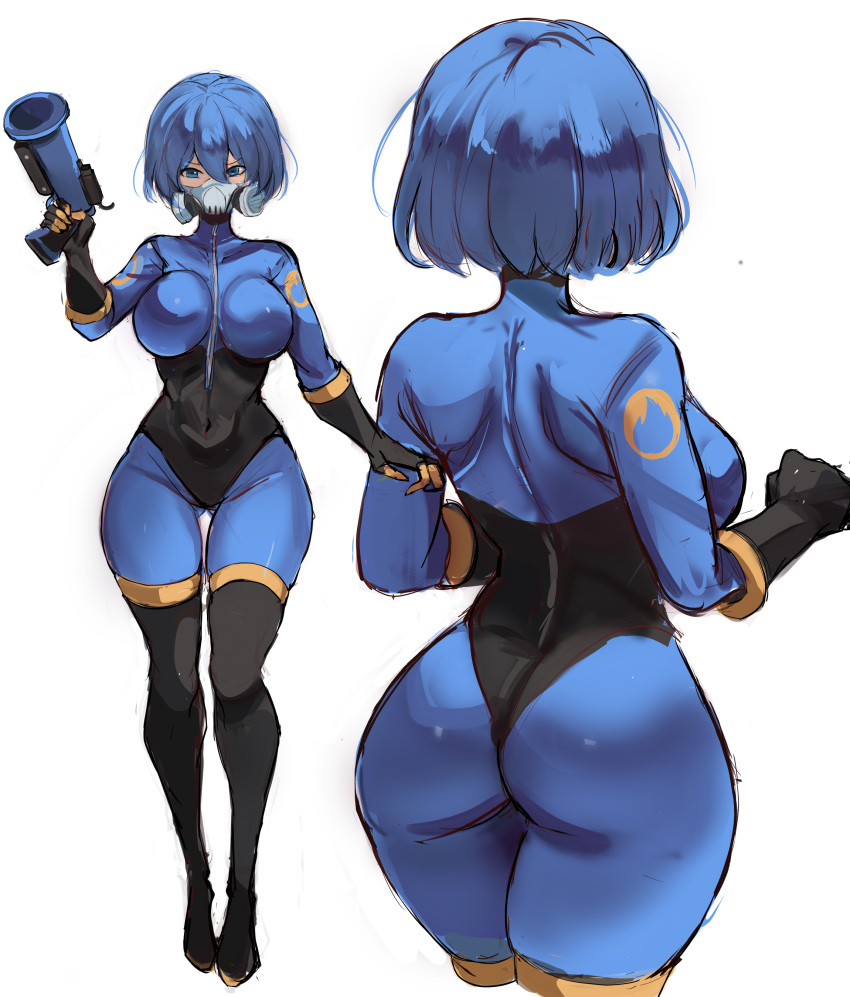 absurdres ass black_footwear black_gloves blu_pyro_(tf2) blue_bodysuit blue_eyes blue_hair bob_cut bodysuit breasts commission female flare_gun full_body gas_mask genderswap_(otf) gloves gun highres holding holding_gun holding_weapon impossible_bodysuit impossible_clothes large_breasts looking_at_viewer mask multiple_views non-web_source pyro_(tf2) rakeemspoon rule_63 short_hair simple_background solo team_fortress_2 weapon white_background wide_hips zipper