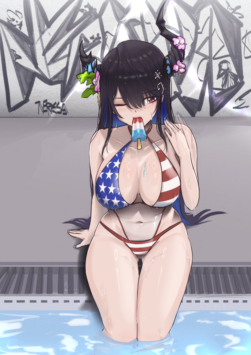 american_flag american_flag_bikini american_flag_print bikini black_hair blue_hair breasts character_name colored_inner_hair demon_girl demon_horns fanning_self female flag_print food food_in_mouth graffiti highres hololive hololive_english horn_flower horn_ornament horns hot large_breasts mole mole_under_eye multicolored_hair nail_polish nerissa_ravencroft one_eye_closed pool poolside popsicle popsicle_in_mouth print_bikini red_eyes sitting soaking_feet solo swimsuit two-tone_hair vialnite virtual_youtuber water