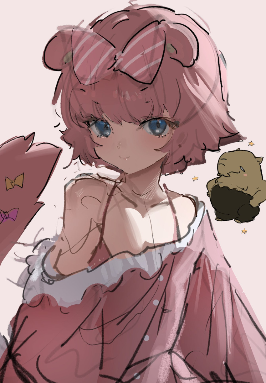 animal_ears blue_eyes bow chromu drowzee female hairbow highres indie_virtual_youtuber kowai_(iamkowai) looking_at_viewer pink_bow pink_hair pink_shirt pokemon pokemon_(creature) shirt short_hair striped_bow tail tail_bow tail_ornament virtual_youtuber yellow_bow