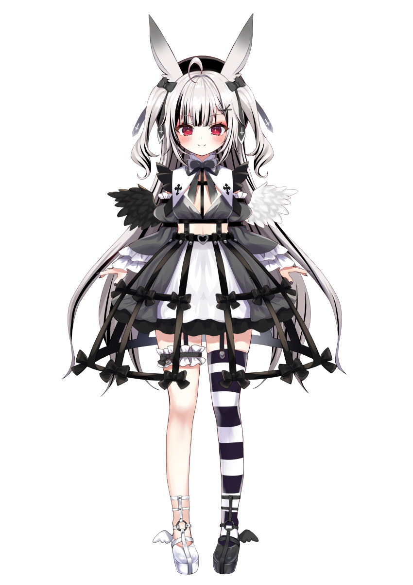 absurdres ahoge animal_ear_fluff animal_ears asymmetrical_footwear asymmetrical_legwear asymmetrical_wings black_beret black_footwear black_hair black_nails black_shirt black_skirt blush bridal_garter clothing_cutout cross daten_shisuta fangs female frilled_skirt frilled_sleeves frills full_body goth_fashion haconect highres honoka_chiffon long_sleeves looking_at_viewer multicolored_hair official_art puffy_long_sleeves puffy_sleeves rabbit_ears red_eyes shirt short_twintails single_thighhigh skirt smile solo standing streaked_hair striped_clothes striped_thighhighs tachi-e thighhighs transparent_background twintails two-tone_hair two_side_up virtual_youtuber white_footwear white_hair wings