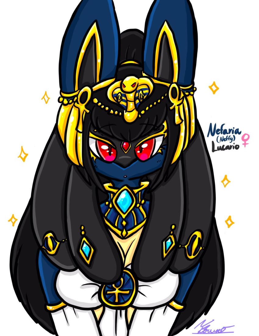 anthro armwear black_hair blue_body breasts clothing female generation_4_pokemon hair headgear headwear hi_res jewelry lewdchuu_(artist) lucario neckwear nintendo pharaoh pokemon pokemon_(species) red_eyes royalty solo