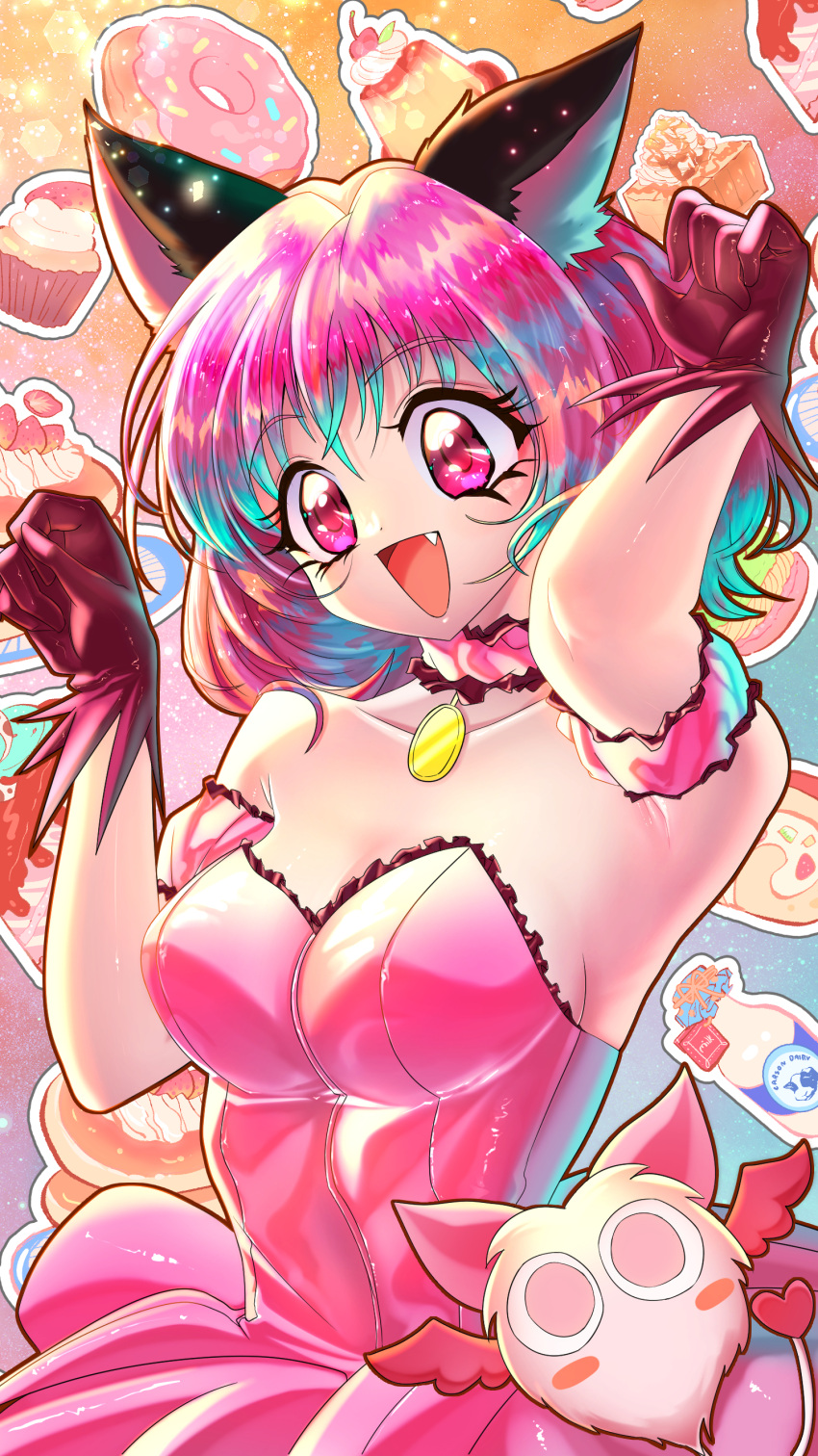 absurdres animal_ears breasts cat_ears cat_girl cat_tail choker creature doughnut dress female food highres magical_girl masha_(tokyo_mew_mew) mew_ichigo momomiya_ichigo noodle_bear oerba_yun_fang open_mouth paw_pose pink_dress pink_eyes pink_hair smile solo tail tokyo_mew_mew