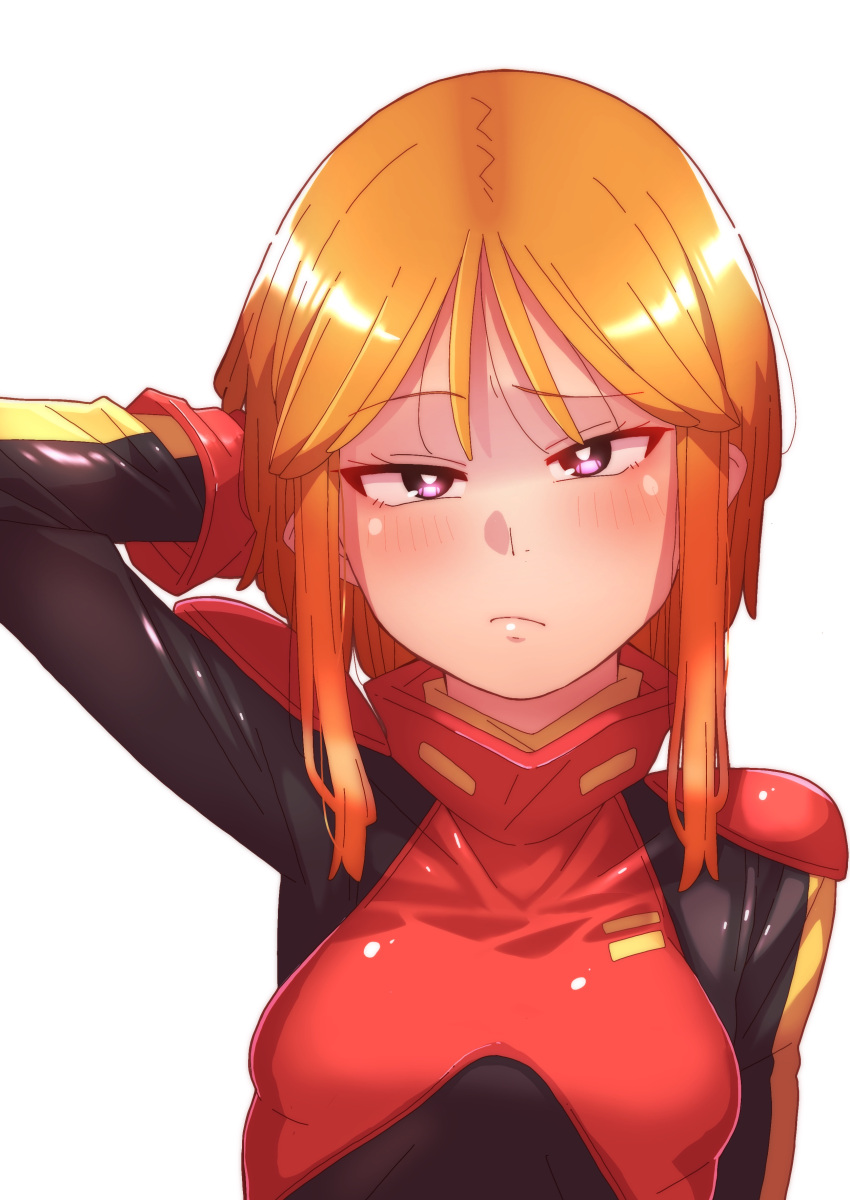 absurdres arm_behind_head arm_up black_bodysuit blush bodysuit bright_pupils eyebrows_hidden_by_hair female gloves gundam gundam_zz hair_between_eyes highres light_frown looking_at_viewer onimaru_(onimal7802) orange_hair pilot_suit purple_eyes puru_two red_gloves short_hair sidelocks simple_background solo upper_body white_background white_pupils