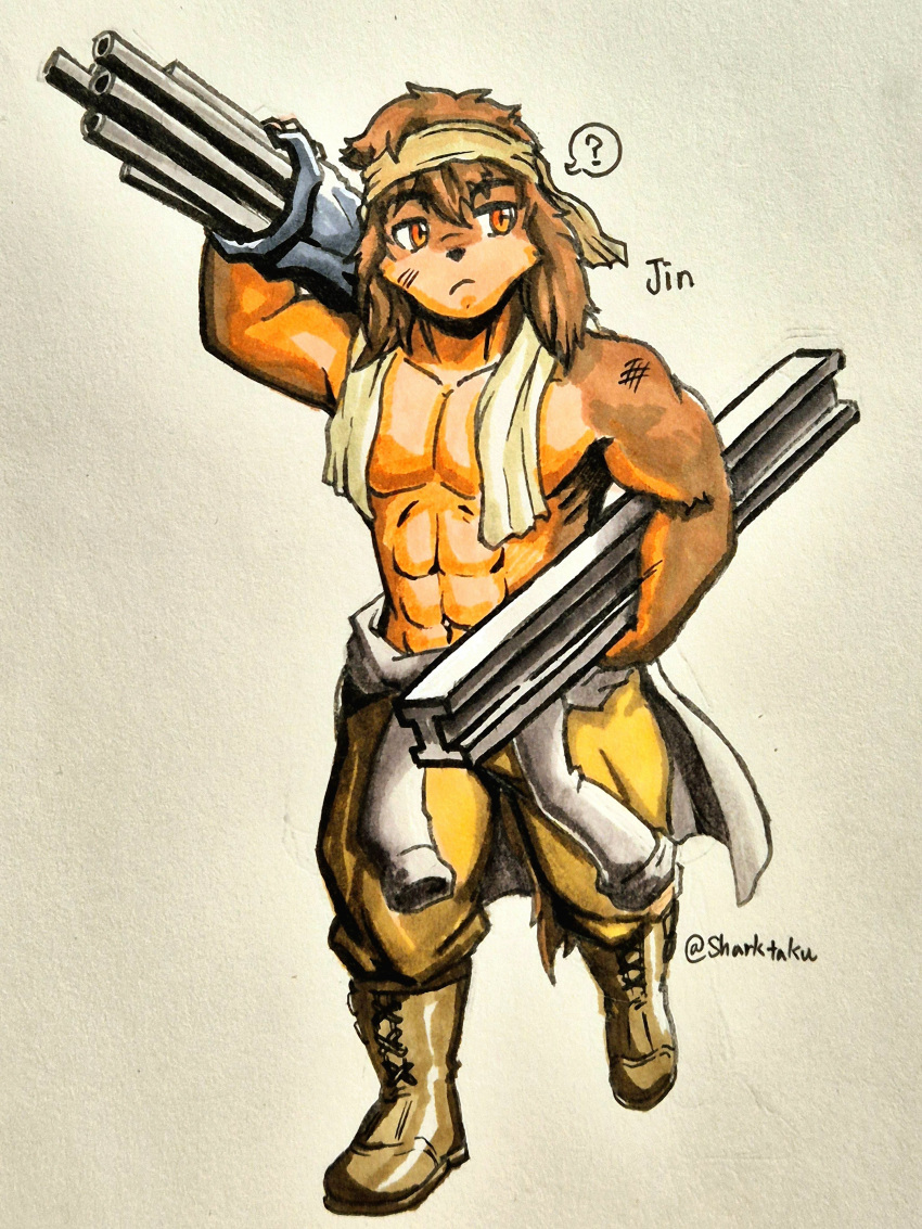 abs absurd_res accessory aged_up anthro basset_hound biceps boots brown_body brown_fur canid canine canis clothed clothing cyberconnect2 domestic_dog floppy_ears footwear fuga:_melodies_of_steel fur headband hi_res hunting_dog jin_macchiato little_tail_bronx male mammal muscular muscular_anthro muscular_male pecs scent_hound sharktaku1 solo topless towel