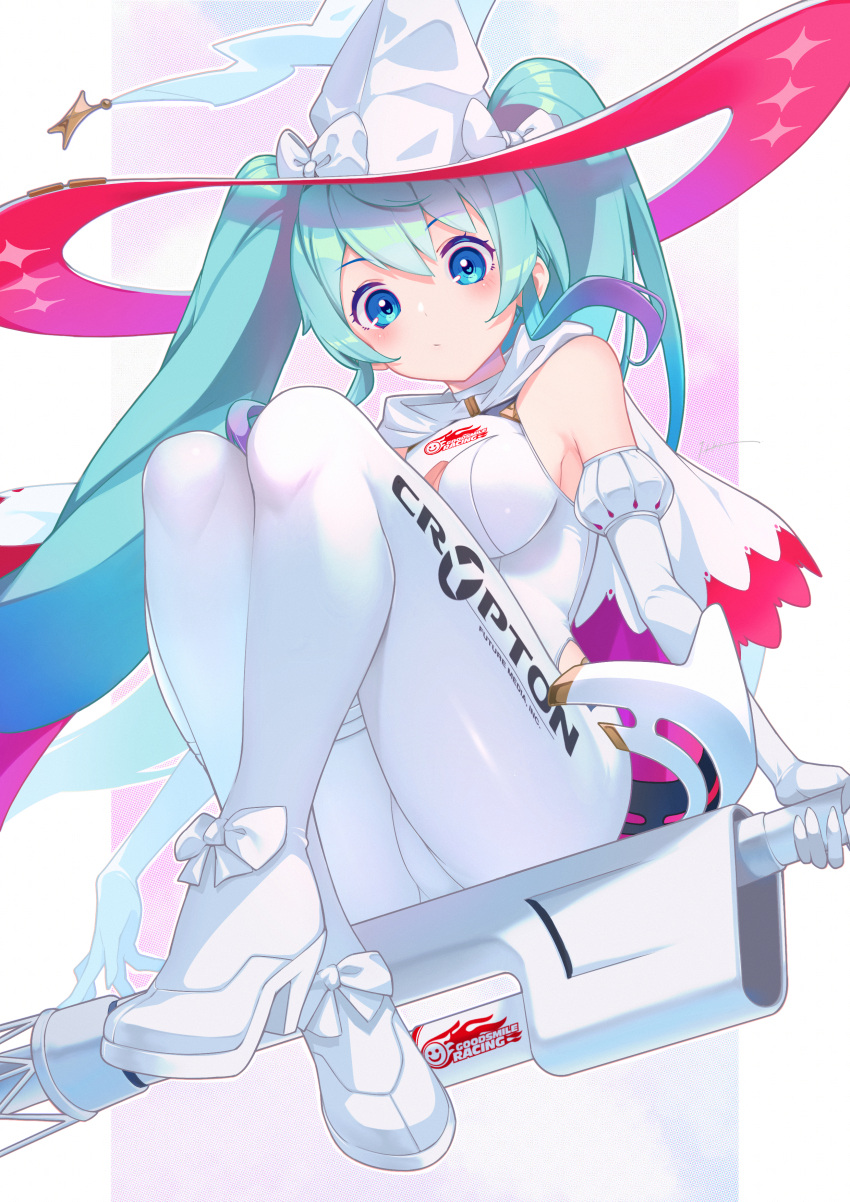 :/ absurdres aqua_hair blue_eyes blush bow breasts broom broom_riding closed_mouth commentary crossed_ankles crypton_future_media elbow_gloves female floating_hair gloves goodsmile_racing gradient_hair hair_between_eyes hat hat_bow hatsune_miku high_heels highres hooded_leotard itou_kazuki large_breasts legs leotard logo long_hair looking_at_viewer mechanical_broom multicolored_hair outside_border pillarboxed purple_hair racing_miku racing_miku_(2024) solo thighhighs thighs twintails two-sided_fabric two-sided_headwear very_long_hair vocaloid white_bow white_footwear white_gloves white_hat white_hood white_leotard white_thighhighs witch_hat