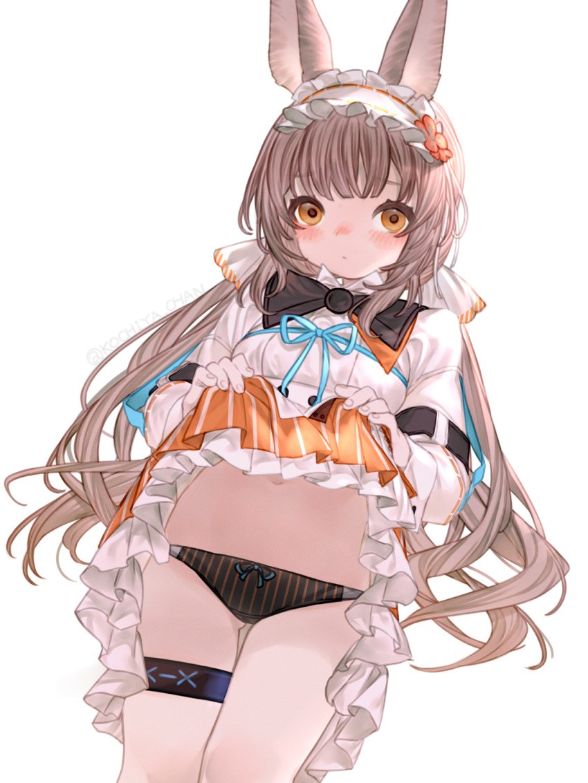 animal_ears arknights blush brown_hair clothes_lift female highres kochiya_(gothope) lifting_own_clothes long_hair long_sleeves looking_at_viewer orange_eyes panties rabbit_ears rabbit_girl skirt skirt_lift solo striped_clothes striped_panties striped_skirt thigh_strap underwear vertical-striped_clothes vertical-striped_panties vertical-striped_skirt very_long_hair warmy_(arknights)