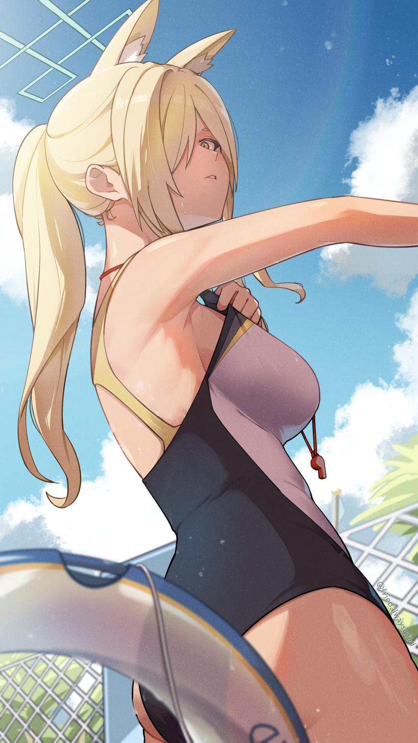 absurdres animal_ears ass blonde_hair blue_archive blue_halo blue_sky breasts cloud commentary_request day fcgc_(friedalwaysgood) female hair_over_one_eye halo highres kanna_(blue_archive) kanna_(swimsuit)_(blue_archive) long_hair looking_at_viewer medium_breasts official_alternate_costume outdoors parted_lips ponytail red_whistle sky solo swimsuit thighs valkyrie_police_academy_swimsuit wet wet_clothes wet_swimsuit whistle whistle_around_neck yellow_eyes