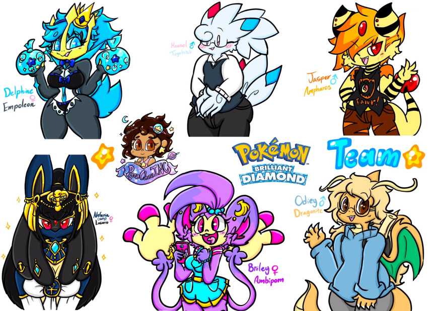 ambipom ampharos anthro black_body blue_body blue_eyes briley_(lewdchuu) brown_eyes delphine_(lewdchuu) dragonite empoleon female generation_1_pokemon generation_2_pokemon generation_4_pokemon group hanzel_(lewdchuu) hi_res lewdchuu_(artist) lucario male nintendo orange_body pokemon pokemon_(species) purple_body purple_eyes red_eyes togekiss white_body yellow_body