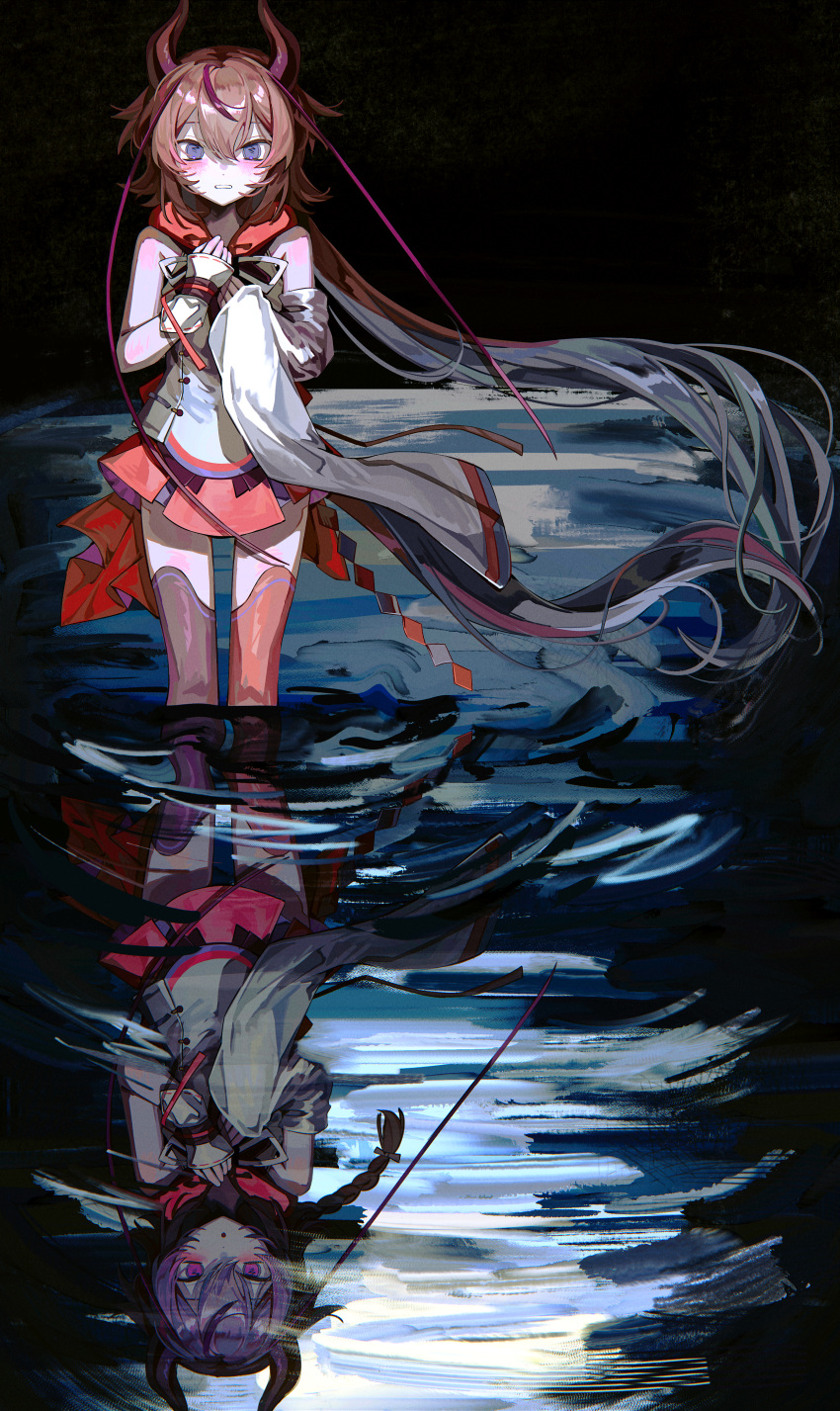 2others :o absurdres asymmetrical_legwear black_thighhighs blush bokura_no_kioku_wo_sarawanaide_(vocaloid) braid braided_ponytail commentary_request detached_sleeves different_reflection feiwusheng frown furisode_sleeves hands_on_own_chest highres horns jacket long_hair looking_at_viewer low_twintails meika_hime meika_mikoto miniskirt multiple_others parted_lips pink_eyes purple_eyes purple_hair red_hair red_skirt red_thighhighs reflection reflective_water ripples siblings single_detached_sleeve single_wide_sleeve single_wrist_cuff skirt sleeveless sleeveless_jacket thighhighs twintails very_long_hair vocaloid wading water white_jacket wrist_cuffs