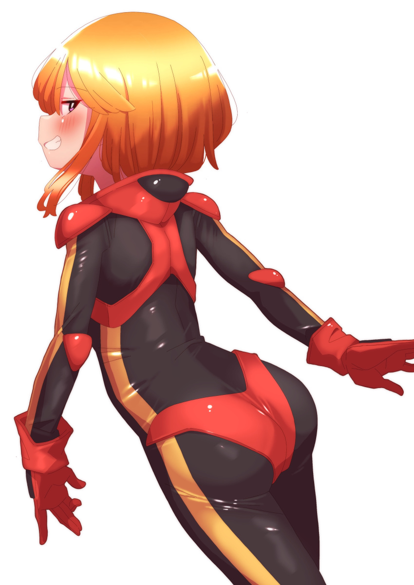 absurdres ass black_bodysuit blush bodysuit brown_hair female from_behind gloves grin gundam gundam_zz highres looking_back onimaru_(onimal7802) panties panties_over_bodysuit pilot_suit puru_two red_gloves red_panties short_hair smile solo underwear