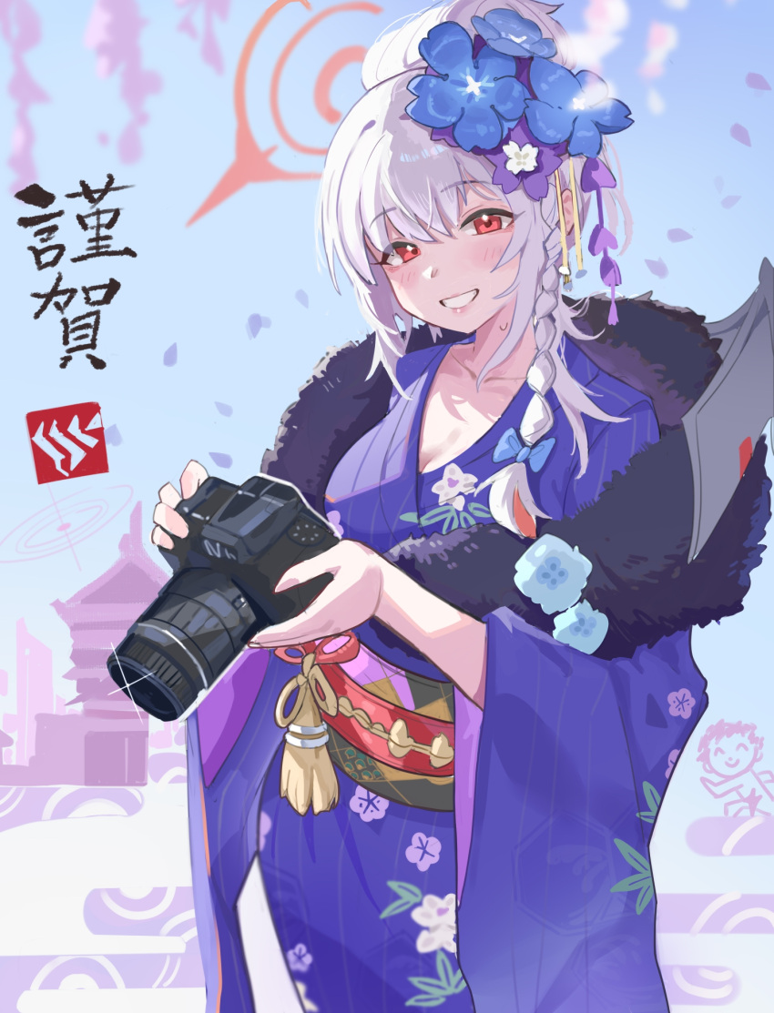 blue_archive blue_kimono blue_sky blush braid breasts camera camera_hold_pose chinese_commentary cleavage commentary_request doodle_sensei_(blue_archive) dream_of_pears female floral_print flower fur-trimmed_scarf fur_trim grey_hair hair_flower hair_ornament halo haruna_(blue_archive) haruna_(new_year)_(blue_archive) highres holding holding_camera japanese_clothes kimono looking_at_viewer obi official_alternate_costume pink_eyes print_kimono red_halo sash scarf sensei_(blue_archive) side_braid sky smile solo_focus standing sweat