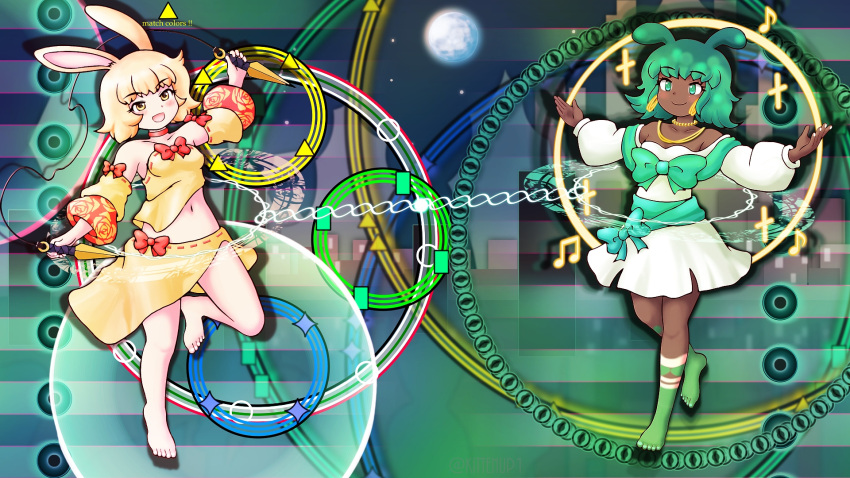 2girls :d animal_ears antennae avy_the_starry_frog barefoot blonde_hair blush bodypaint bow bow_skirt breasts closed_mouth commentary_request dancer_rabbit danmaku dark-skinned_female dark_skin detached_sleeves dress dual_wielding earrings fingernails full_body full_moon gold_necklace green_bow green_eyes green_hair highres holding hoop_earrings jewelry kittenup kunai long_sleeves looking_at_viewer magic_circle medium_bangs medium_breasts midriff moon multiple_girls navel necklace off-shoulder_dress off_shoulder open_mouth orange_bow outstretched_arms rabbit_and_steel rabbit_ears rabbit_girl ribbon-trimmed_skirt ribbon-trimmed_sleeves ribbon-trimmed_tube_top ribbon_trim short_hair skirt sleeve_bow small_breasts smile spread_arms strapless toenails tube_top weapon white_dress white_nails yellow_eyes yellow_skirt yellow_sleeves yellow_tube_top