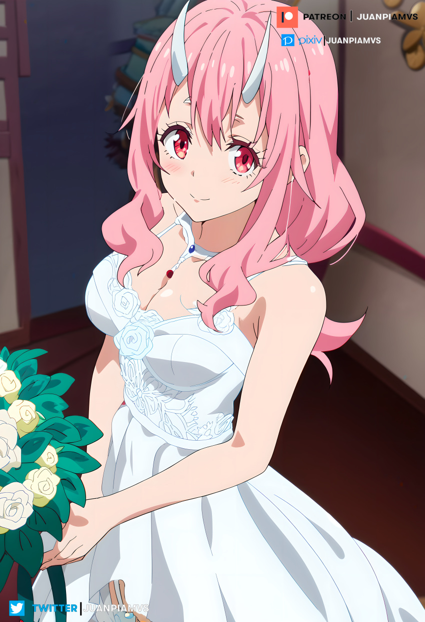 ai_generated big_breasts bouquet bouquet_of_flowers bride choker horns juanpi_amvs long_hair patreon patreon_username pink_eyes pink_hair shuna_(tensei_shitara_slime_datta_ken) tensei_shitara_slime_datta_ken watermark wedding_dress