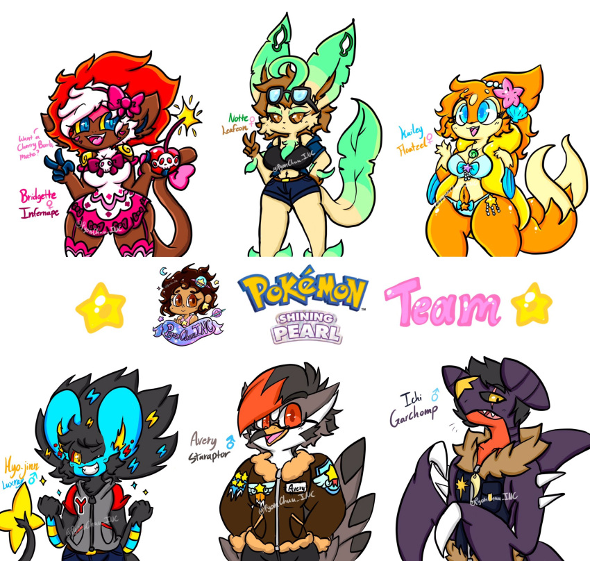 anthro black_hair blue_body blue_eyes bridgette_(lewdchuu) brown_body brown_eyes brown_hair eeveelution female floatzel garchomp generation_1_pokemon generation_4_pokemon grey_body group hair hi_res kailey_(lewdchuu) leafeon lewdchuu_(artist) luxray male nintendo notte_(lewdchuu) orange_body orange_hair pokemon pokemon_(species) primeape purple_body red_eyes red_hair staraptor yellow_body yellow_eyes