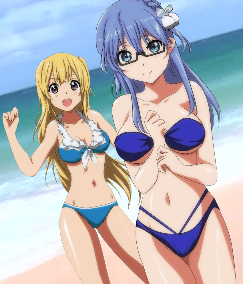 22/7 beach bikini black-framed_eyewear blonde_hair blue_bikini blue_eyes blue_hair braid breasts cleavage closed_mouth collarbone dutch_angle frilled_bikini frills fujima_sakura gentoku hair_ornament hair_ribbon hand_on_own_chest hand_up highres light_blue_hair long_hair looking_at_viewer maruyama_akane navel ocean open_mouth outdoors purple_eyes rectangular_eyewear ribbon semi-rimless_eyewear sidelocks single_braid single_hair_ring smile swimsuit under-rim_eyewear