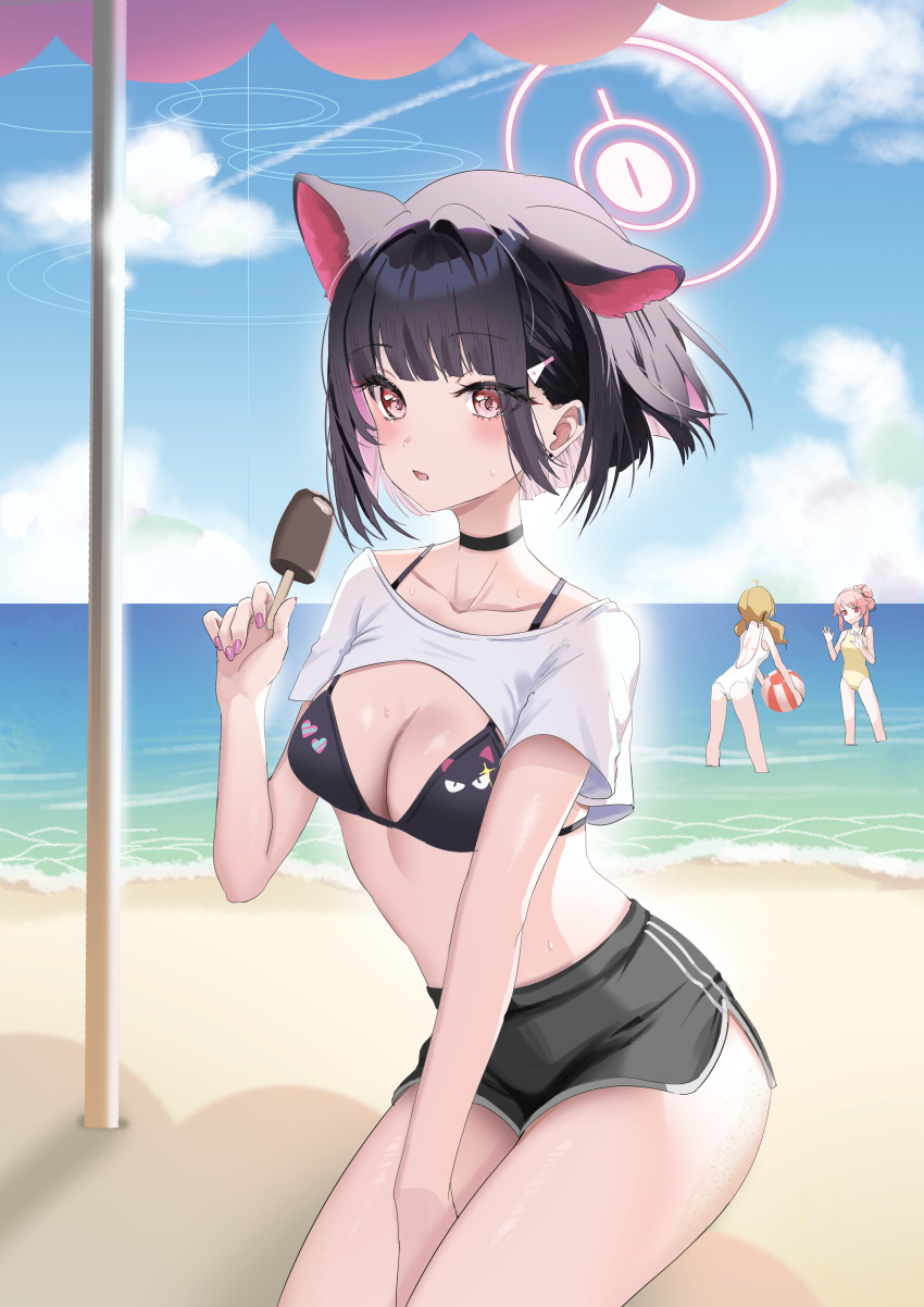 3girls absurdres animal_ears beach bikini black_bikini black_choker black_hair black_shorts blue_archive blue_sky blush breasts cat_ears character_request choker cleavage cloud commentary_request cropped_shirt day earclip extra_ears food halo hand_up highres holding holding_food holding_ice_cream horizon ice_cream kazusa_(blue_archive) kneeling looking_at_viewer medium_breasts multiple_girls ocean open_mouth outdoors pink_eyes pink_halo shirt short_hair shorts sky swimsuit volar_uwu white_shirt