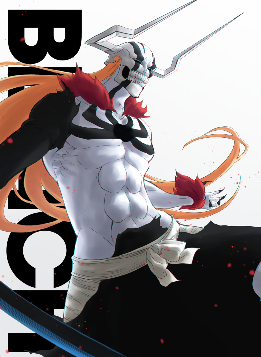 1boy abs absurdres black_hakama bleach body_markings claws colored_skin commentary copyright_name cowboy_shot demon_boy demon_horns empty_eyes facial_mark floating_hair hakama highres hole_in_chest hole_on_body hollow_ichigo horns japanese_clothes kurosaki_ichigo long_hair male_focus mask mitarashi_(5333069) muscular muscular_male obi orange_hair red_fur sash sidelighting simple_background solo straight_hair sword teeth topless_male very_long_hair weapon white_background white_skin