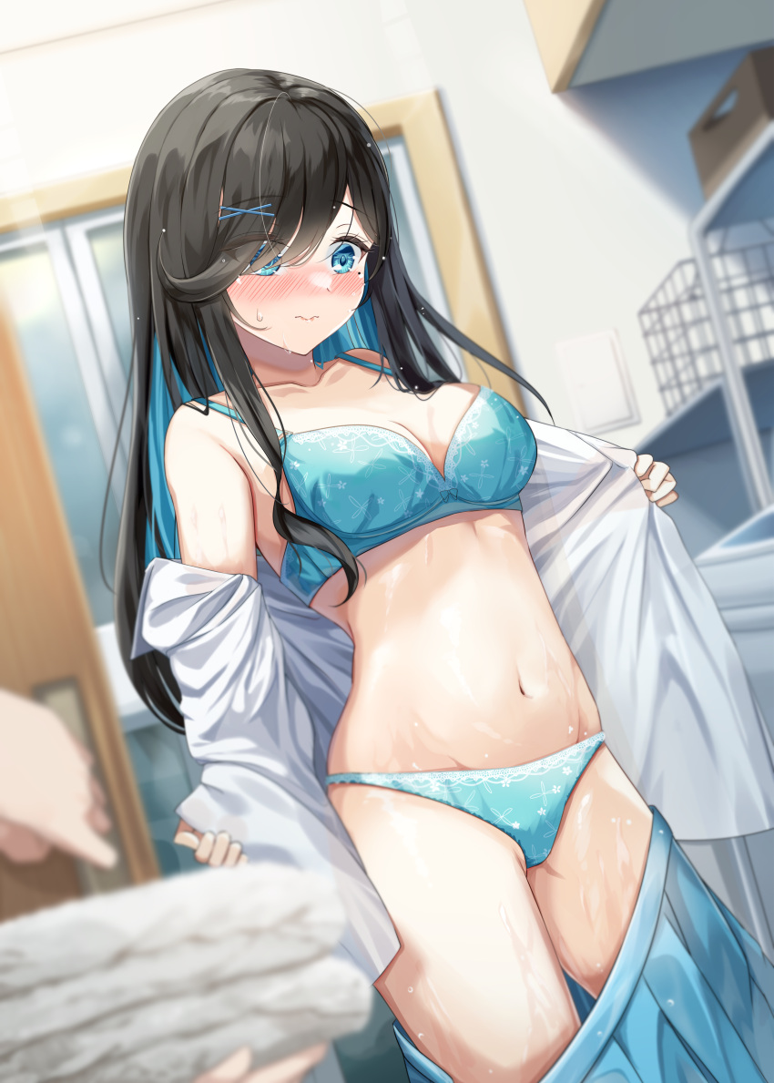 absurdres black_hair blue_bra blue_eyes blue_panties blue_skirt blurry blurry_background bra breasts cleavage closed_mouth clothes_pull commentary_request commission female hair_ornament highres igayan indoors long_hair medium_breasts mole mole_under_eye original panties pixiv_commission skirt skirt_pull solo_focus standing sweat thighs underwear x_hair_ornament