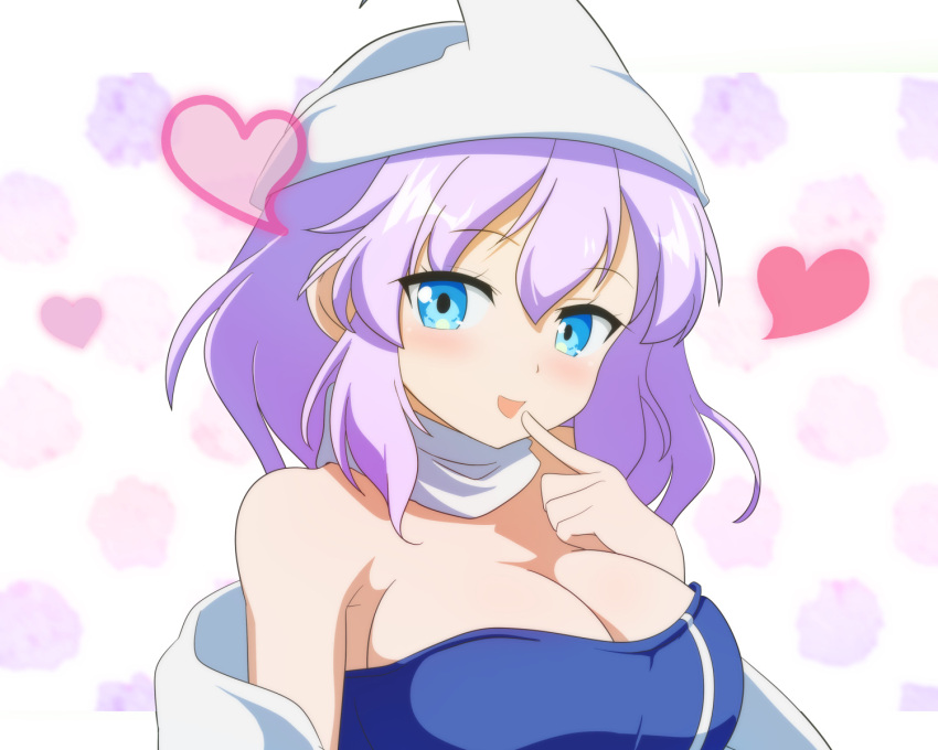 blue_eyes blurry blurry_background blush breasts cato_(monocatienus) commentary_request female finger_to_mouth hat heart highres large_breasts letty_whiterock looking_at_viewer open_mouth purple_hair scarf short_hair simple_background solo touhou upper_body white_background white_hat white_scarf