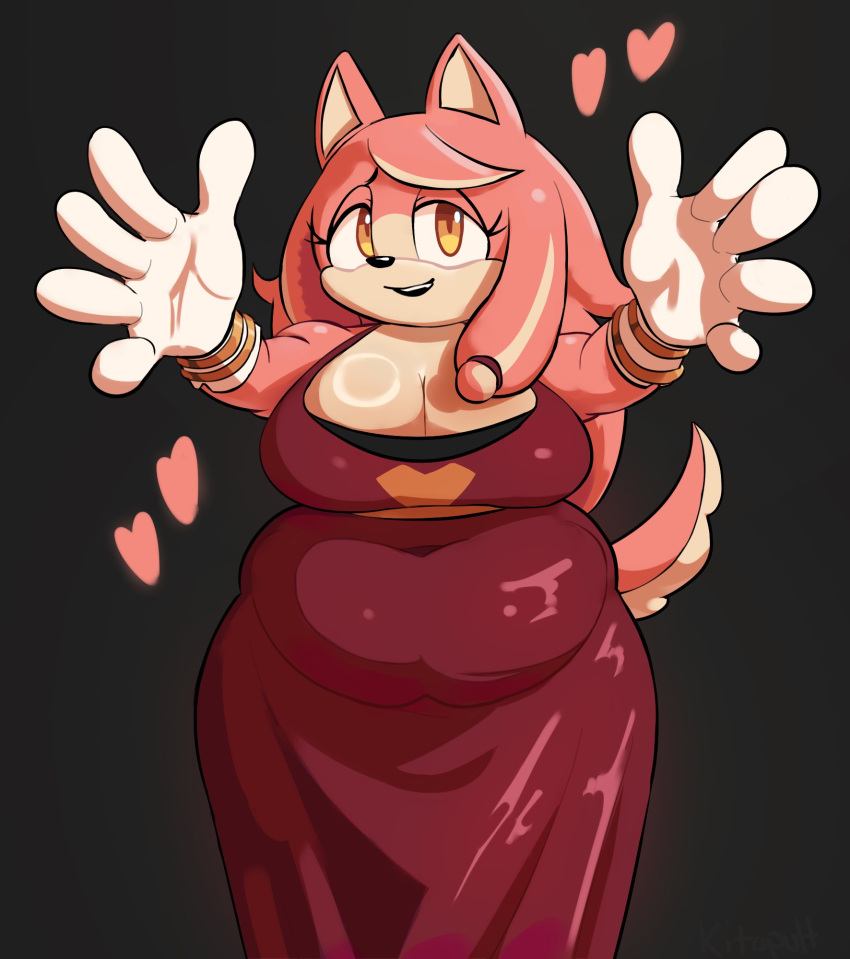 akita anthro belly breasts canid canine canis cleavage clothed clothing conductor's_wife_(sonic) domestic_dog female fur gloves grey_background handwear heart_symbol hi_res kitapult mammal mature_anthro mature_female pink_body pink_fur reaching_towards_viewer sega simple_background slightly_chubby slightly_chubby_anthro slightly_chubby_female solo sonic_the_hedgehog_(series) spitz spread_arms the_murder_of_sonic_the_hedgehog wide_hips