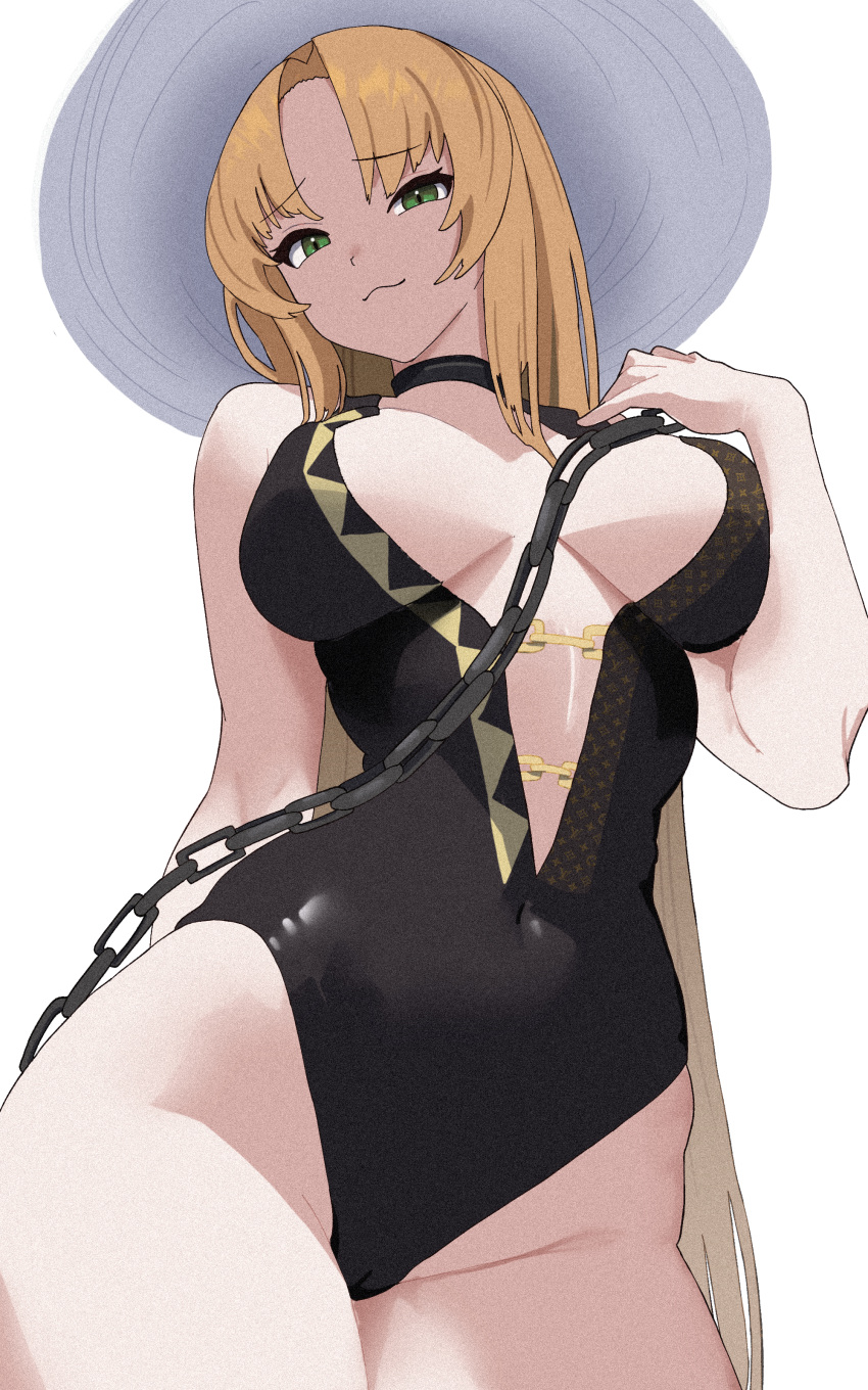 :3 absurdres arknights arm_behind_back bare_arms binware black_one-piece_swimsuit blonde_hair breasts breasts_apart casual_one-piece_swimsuit center_opening closed_mouth commentary_request covered_navel female from_below green_eyes hat highleg highleg_swimsuit highres large_breasts long_hair looking_at_viewer one-piece_swimsuit smile solo sun_hat swimsuit swire_(arknights) swire_the_elegant_wit_(arknights) thighs tiger_girl transparent_background white_hat