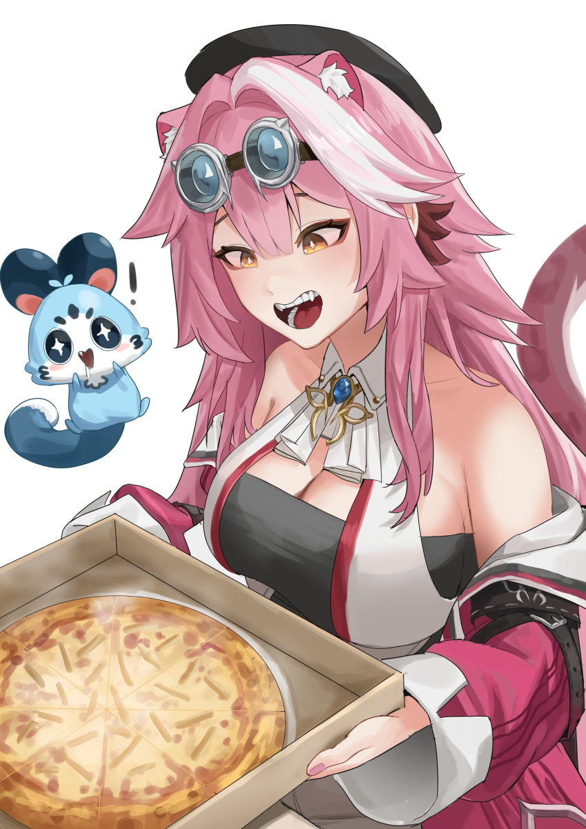 ! absurdres animal_ear_fluff animal_ears beret breasts cat_ears cat_girl cat_tail chattino_(raora_panthera) collared_shirt english_commentary female food hair_intakes hat highres holding holding_food hololive hololive_english jacket large_breasts long_hair open_mouth orange_eyes pink_fur pink_hair pink_jacket pink_nails pizza pizza_box raora_panthera shirt smile tail tanukidraws teeth tongue virtual_youtuber white_background white_hair