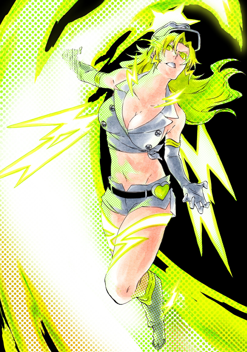 absurdres belt black_background black_belt bleach bleach:_sennen_kessen-hen boots breasts candice_catnipp claw_pose cleavage collared_shirt colored_eyelashes commission crop_top elbow_gloves electricity electrokinesis female fighting_stance floating_hair foreshortening full_body gloves glowing glowing_eyes green_eyes green_hair grin hat heart heart_pouch highres incoming_attack ken'ichi_(ken1ro_u) large_breasts long_hair looking_at_viewer military_hat navel outstretched_arm parted_bangs shirt shorts sidelocks simple_background skeb_commission sleeveless sleeveless_shirt smile solo thighs v-shaped_eyebrows vollstandig white_footwear white_gloves white_hat white_shirt white_shorts