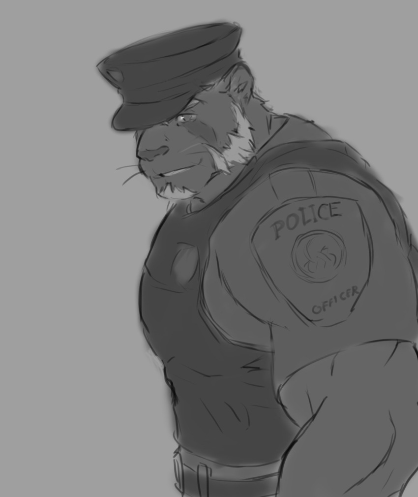 2018 anthro belt biceps black_body black_fur bulletproof_vest clothing episode0006 eye_scar facial_hair facial_scar felid forearm_muscles fur goatee greyscale hair hi_res looking_at_viewer male mammal mayther_(episode0006) monochrome muscular muscular_anthro muscular_male pantherine police police_badge police_hat police_officer police_uniform scar sideburns solo uniform whiskers white_hair