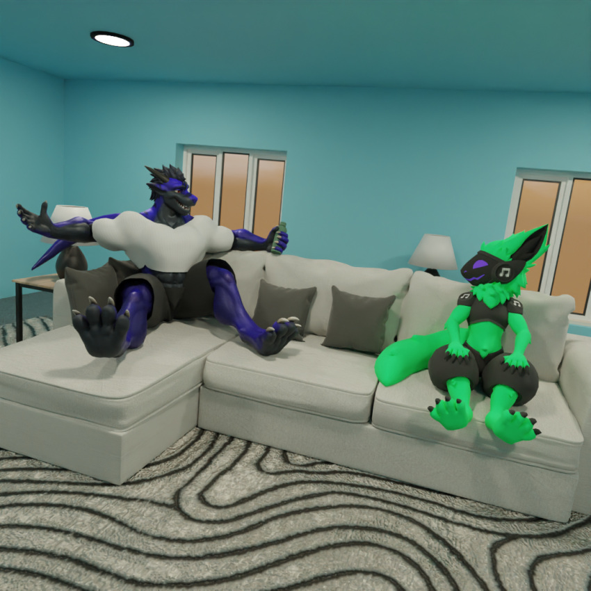 anthro beverage clothed clothing dergdrister dragon drister_(dergdrister) duo furniture looking_at_another machine male male/male muscular mythological_creature mythological_scalie mythology on_sofa protogen scalie sitting sitting_on_sofa sofa talking_to_another