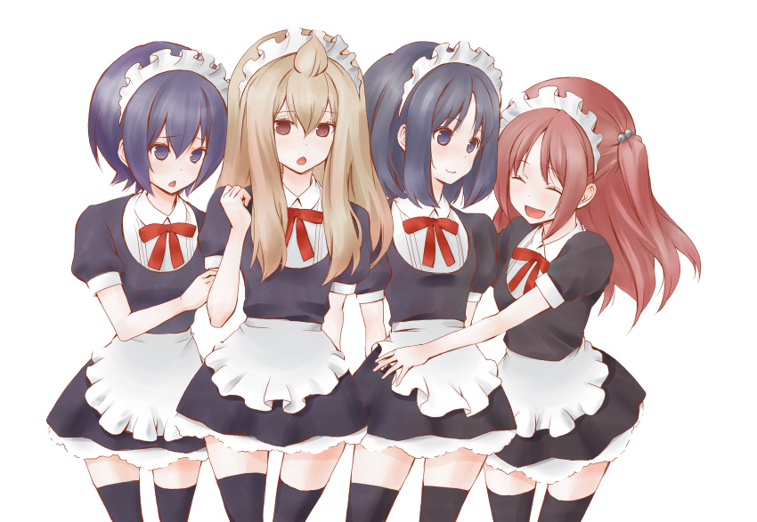 4girls absurdres ahoge apron arm_behind_back black_dress black_eyes black_hair black_socks blonde_hair blue_hair breasts chestnut_mouth clenched_hands closed_mouth collared_shirt cowboy_shot dress embarrassed frilled_apron frilled_skirt frills hair_bobbles hair_ornament hand_on_another's_arm hand_up highres huge_ahoge light_smile long_hair maid maid_apron maid_headdress minami-ke minami_chiaki minami_touma multiple_girls official_art open_mouth over-kneehighs red_hair red_ribbon ribbon sakuraba_koharu shirt short_hair short_sleeves simple_background skirt small_breasts smile socks standing tareme thighhighs tsurime two_side_up uchida_yuka waist_apron white_apron white_background yoshino_(minami-ke)