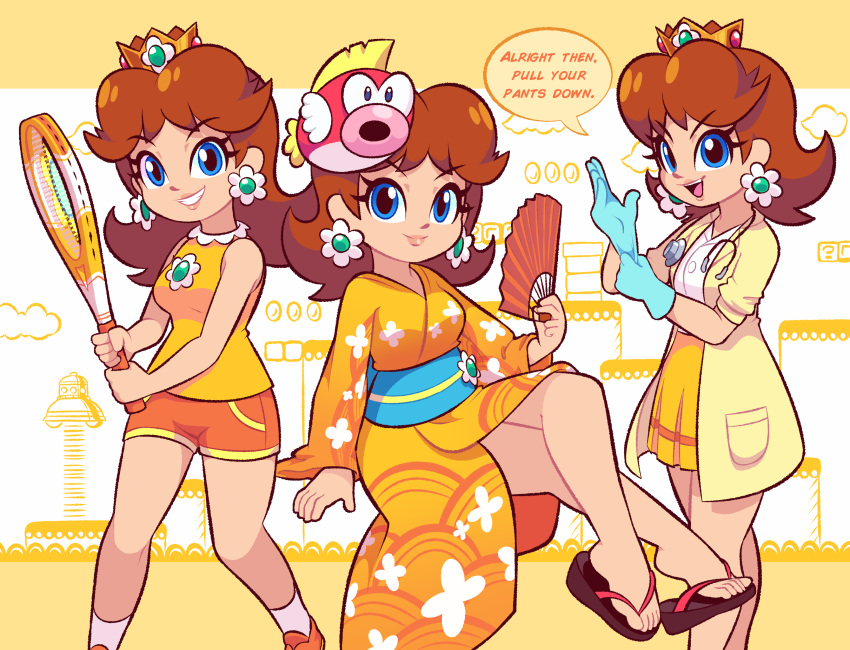 absurdres blue_eyes blue_gloves brown_hair cheep_cheep coat crossed_legs crown dr._mario_(game) dr._mario_world earrings female floral_print flower_earrings gloves hand_fan highres holding_tennis_racket japanese_clothes jewelry kimono long_hair looking_at_viewer mario_(series) mario_kart mario_kart_tour multiple_views obi orange_footwear orange_kimono orange_shorts orange_skirt princess_daisy princess_daisy_(yukata) racket sash shirt shorts skirt sleeveless sleeveless_shirt smile smirk socks speech_bubble starbirbz stethoscope super_mario_land tennis_racket white_shirt white_socks yellow_shirt yukata