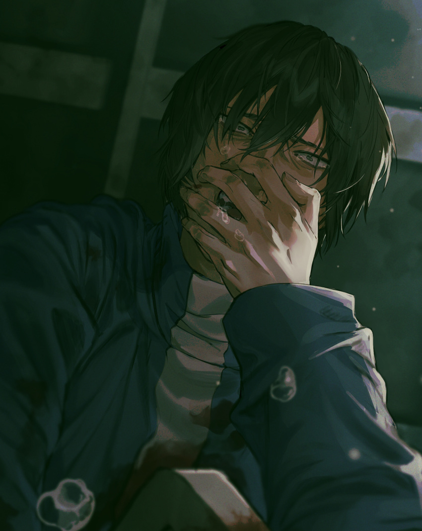 1boy bags_under_eyes blood blood_on_clothes blood_on_face blood_on_weapon brown_hair constricted_pupils covering_own_mouth crying crying_with_eyes_open furrowed_brow grey_eyes hair_between_eyes highres jacket light_particles looking_at_viewer looking_down male_focus messy_hair odd_taxi saliva saliva_trail spoilers teardrop tears user_vysm7588 warehouse weapon yamamoto_fuyuki