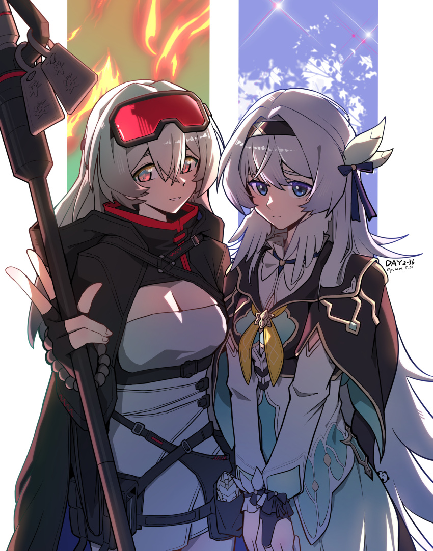 2girls absurdres arknights bead_bracelet beads black_cape blue_eyes bracelet breasts bridal_gauntlets cape cleavage cosplay costume_switch dated feathered_wings feathers firefly_(honkai:_star_rail) firefly_(honkai:_star_rail)_(cosplay) gaoling_gangqin goggles goggles_on_head hair_between_eyes head_wings highres holding holding_staff honkai:_star_rail honkai_(series) jewelry long_hair mulberry_(arknights) mulberry_(arknights)_(cosplay) multiple_girls red-tinted_eyewear small_breasts staff tinted_eyewear very_long_hair w white_feathers white_hair white_wings wings