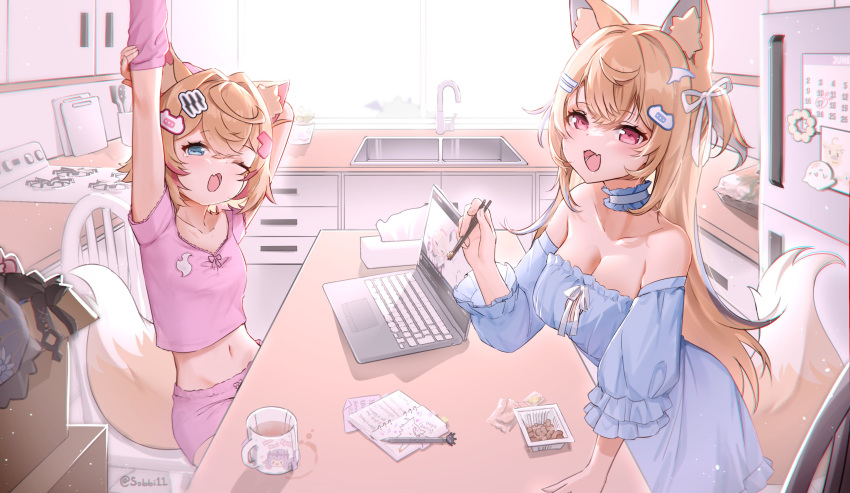 2girls :3 absurdres alternate_costume animal_ear_fluff animal_ears arm_up arm_warmers bare_shoulders blonde_hair blue_choker blue_dress blue_eyes blue_hair box breasts cabinet calendar_(object) cardboard_box character_print choker chopsticks cleavage coffee_mug colored_inner_animal_ears commentary computer cropped_shirt crossed_bangs cup cutting_board dog_ears dog_girl dog_tail dress english_commentary food frilled_choker frills fuwawa_abyssgard hair_between_eyes hair_intakes hair_ornament hair_ribbon highres holding holding_chopsticks hololive hololive_english indoors kitchen koseki_bijou laptop large_breasts light_blush long_hair looking_at_viewer midriff mococo_abyssgard morning mug multicolored_hair multiple_girls nattou navel notebook oerba_yun_fang off-shoulder_dress off_shoulder on_chair one_eye_closed open_mouth pen perroccino_(fuwamoco) pink_eyes pink_hair pink_shirt pink_shorts refrigerator ribbon shirt short_hair shorts siblings sink sisters sitting skin_fang sobbi11 stove streaked_hair stretching table tail tail_raised tearing_up tissue_box twins twitter_username two_side_up very_long_hair virtual_youtuber white_ribbon x_hair_ornament yawning